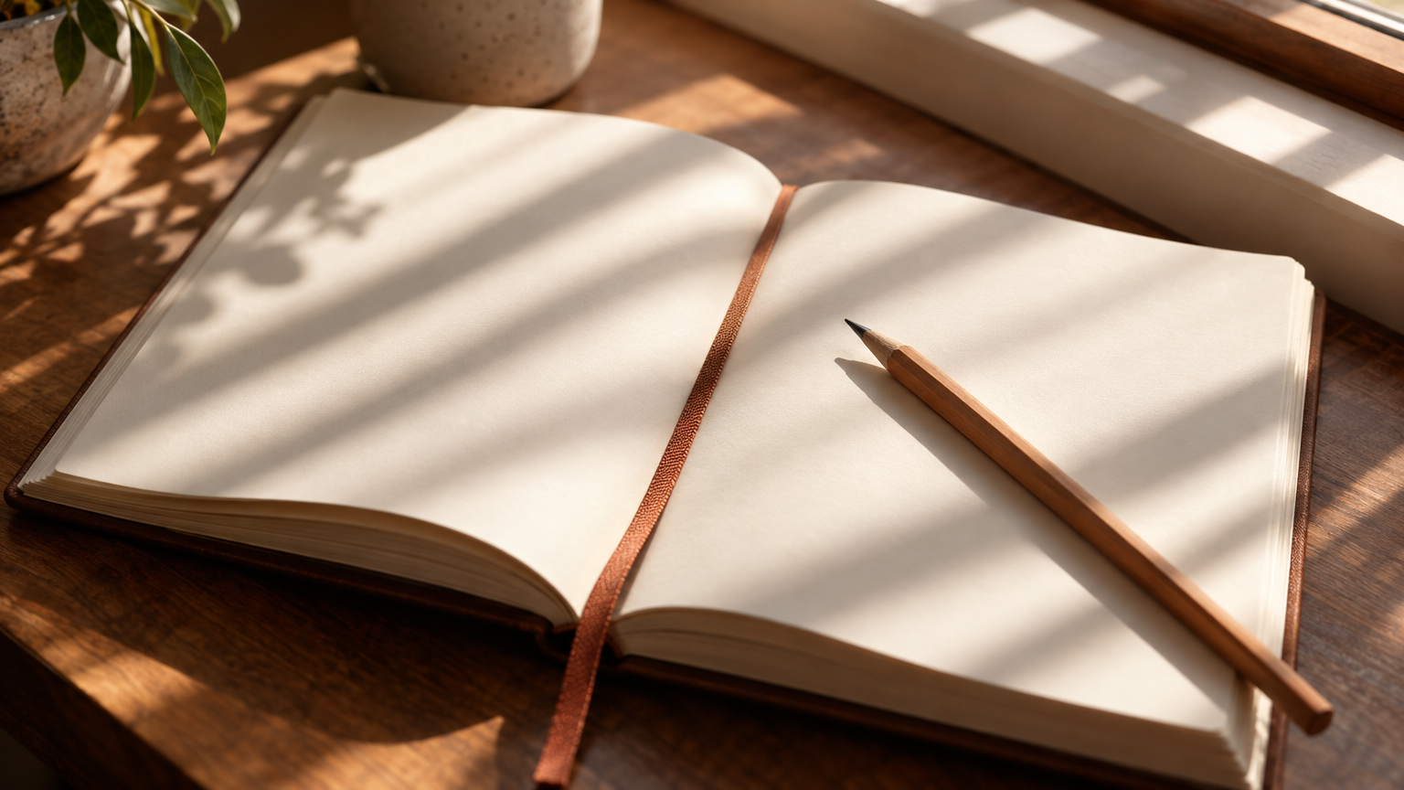 Blank notebook and pencil in striped window light, for keeping a symptom note to share with a clinician