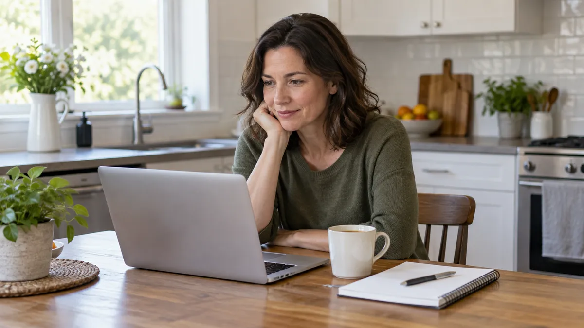 Woman at a kitchen table comparing tirzepatide cost options on a laptop with a notepad and coffee