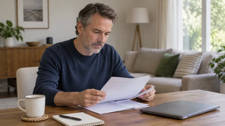 Man at a living room table sorting paperwork while checking what his health plan covers