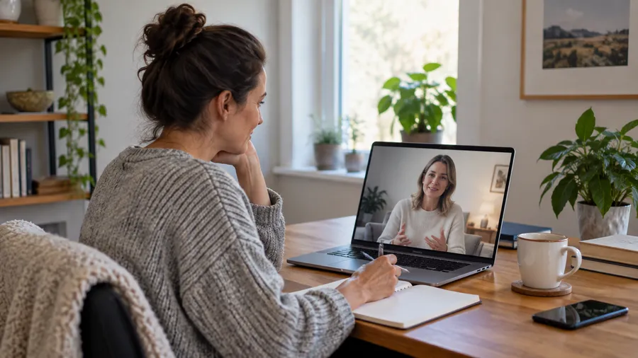 Woman on a video call with a clinician at her home desk, asking questions before starting treatment