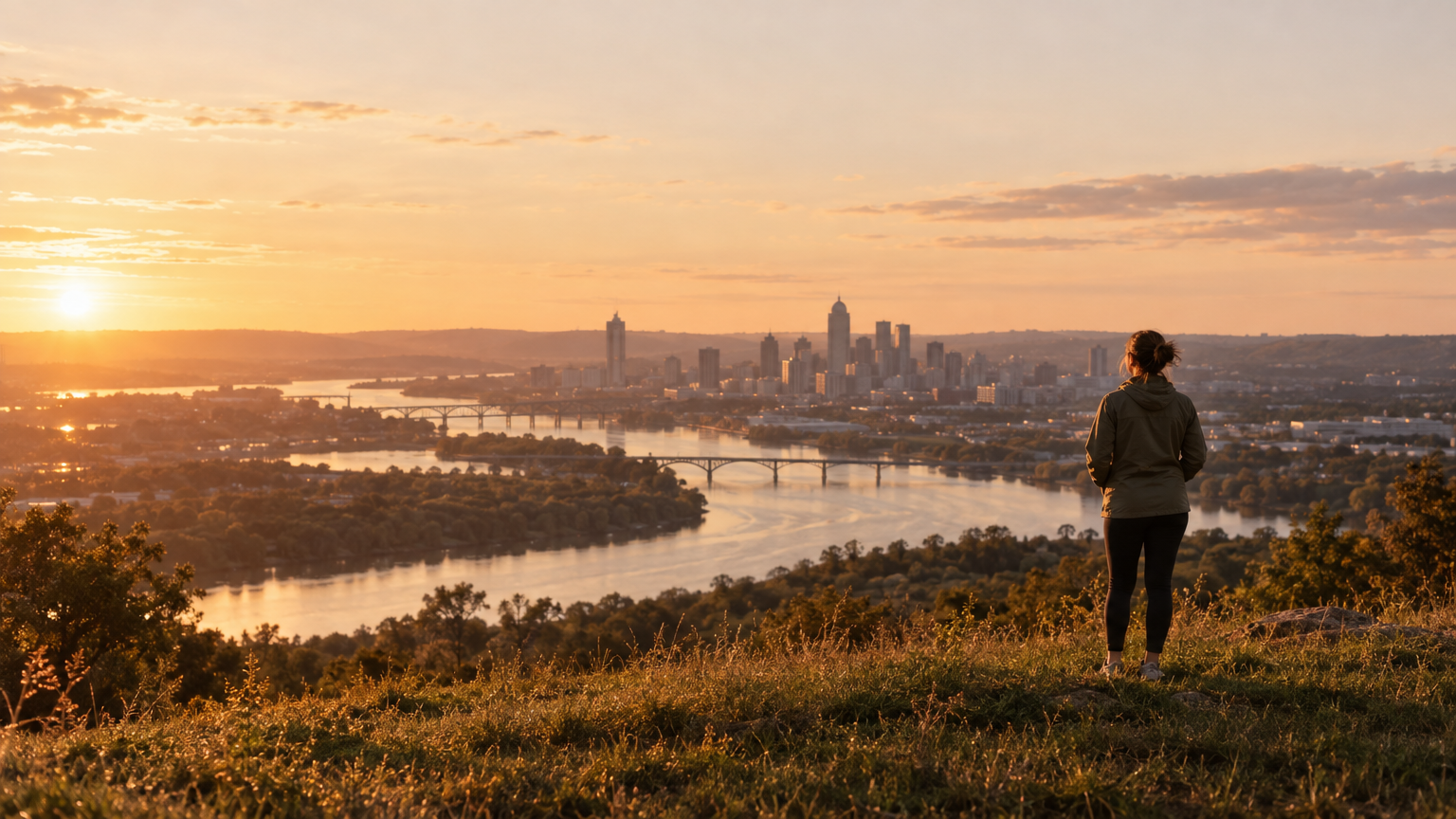 Adult standing small on a hilltop overlook at golden hour, calm mood for a tirzepatide injections guide