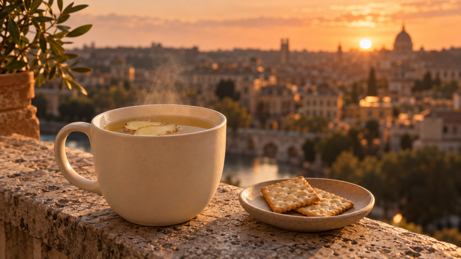 Cup of ginger tea and plain crackers on a balcony ledge at golden hour, representing gentle ways to handle stomach side effects