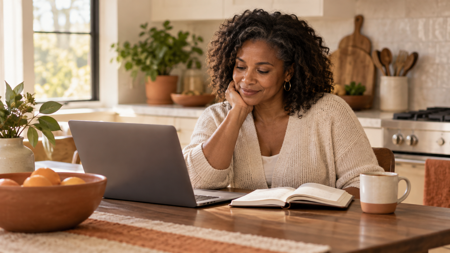 Adult reading about tirzepatide at a kitchen table before a telehealth visit