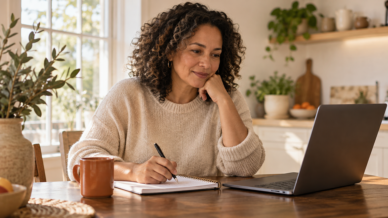 Adult at a kitchen table reviewing a list of supplements on a laptop in warm morning light, researching vitamin B12 with calcium