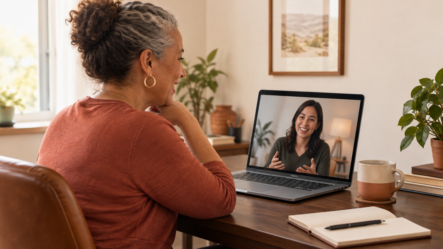 Adult having a calm telehealth video call with a clinician about blood test results at a home desk