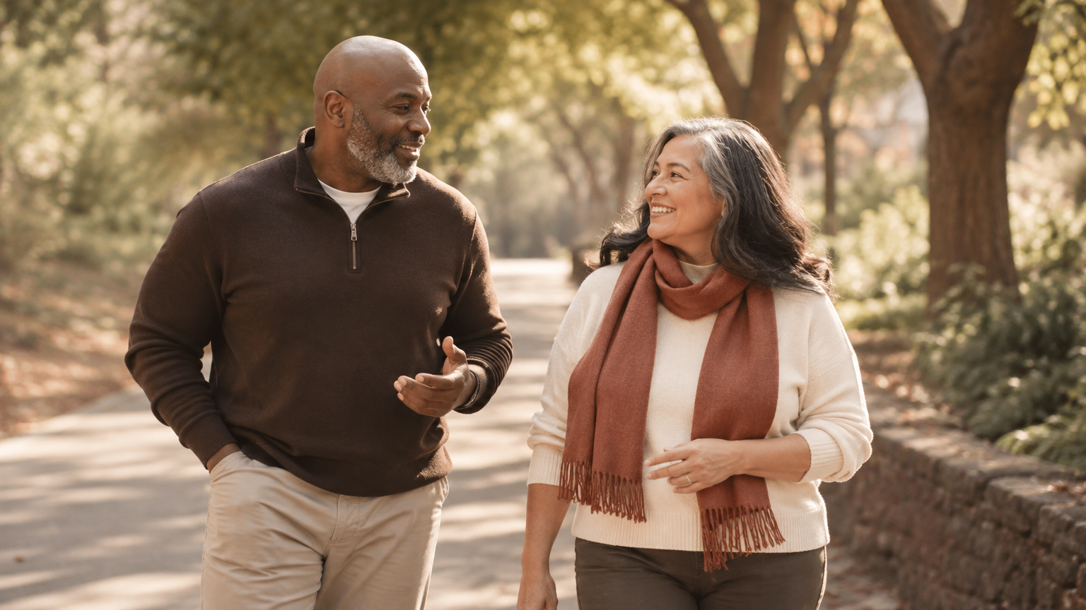 Two adults taking a relaxed walk outdoors in autumn, representing everyday life and informed health decisions