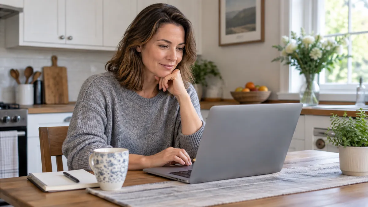 Adult at a kitchen table reading on a laptop to learn what is 503A compounding