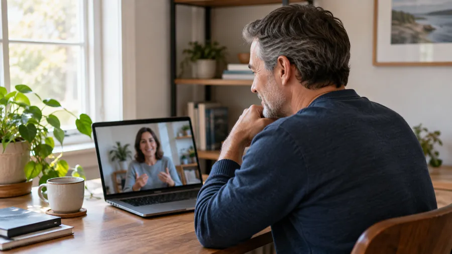 Man on a video call with a clinician who is wearing a casual sweater