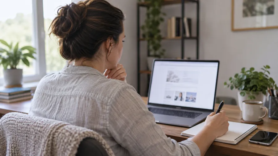 Woman at a home desk looking up a pharmacy's license on her laptop