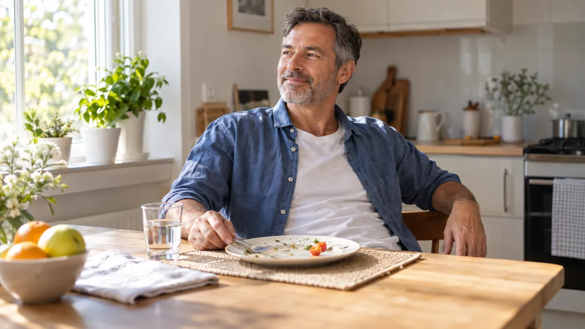 Adult finishing breakfast at a kitchen table, illustrating what is GLP-1 and the fullness signal after a meal