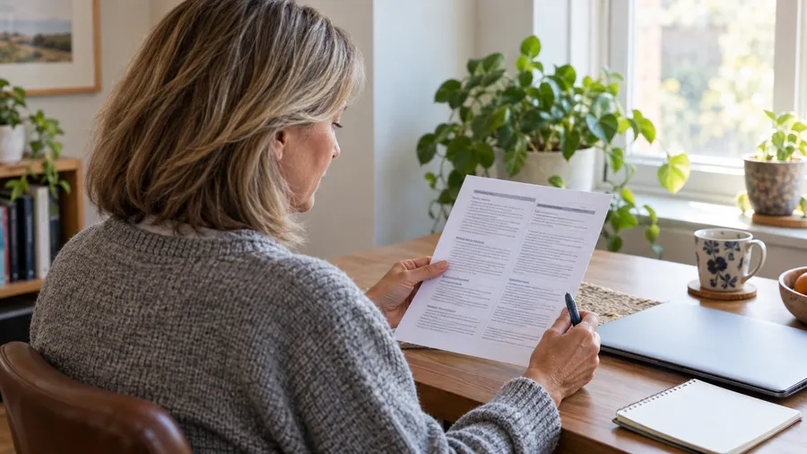 Woman at a home desk reading a printed summary of weight-loss trial results