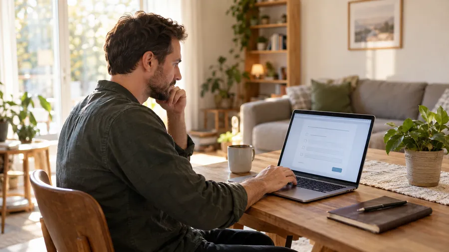 Man filling out an online health assessment on a laptop at home