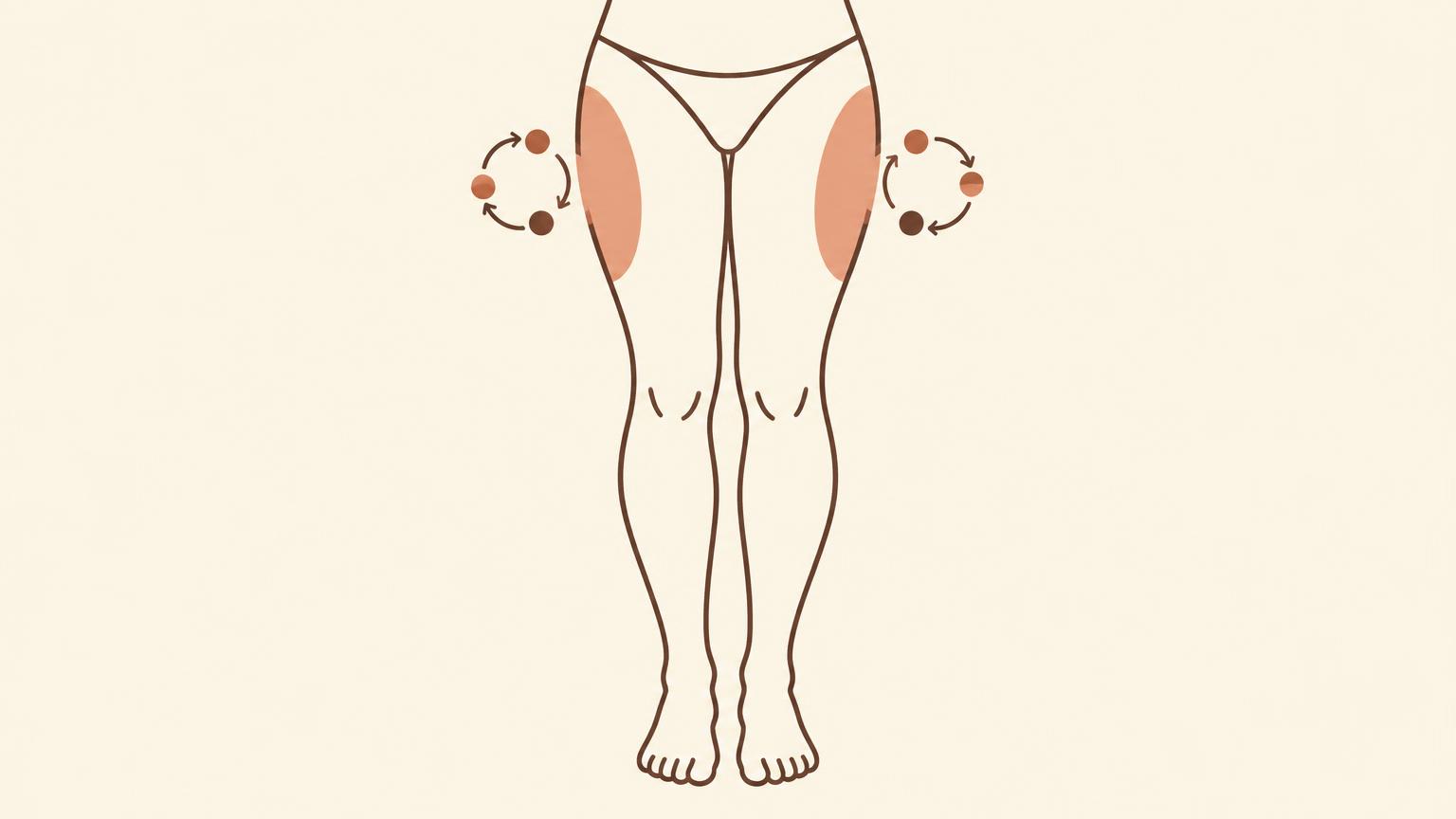 Simple illustration of the legs with the outer thigh areas highlighted and arrows showing site rotation