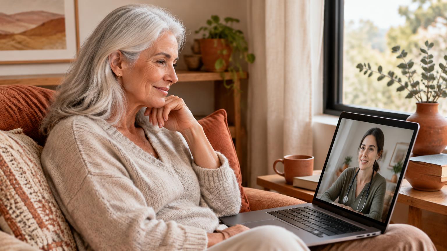 Older adult on a telehealth video call with a licensed clinician at home